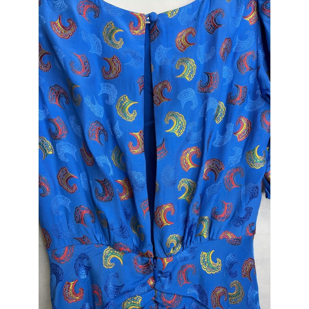 Saloni Vida Silk Satin Floral Jacquard Midi Dress Puff Sleeve‎ Cobalt Blue - Picture 6 of 9